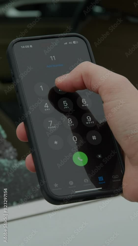 Hand dials 112 on smartphone after spotting shattered car window instant reaction to emergency vertical video. Fingers tap 112 mobile screen upon noticing broken vehicle glass quick response crisis. Hand dials 112 on smartphone after spotting shattered car window instant reaction to emergency vertical video. Fingers tap 112 mobile screen upon noticing broken vehicle glass quick response crisis.