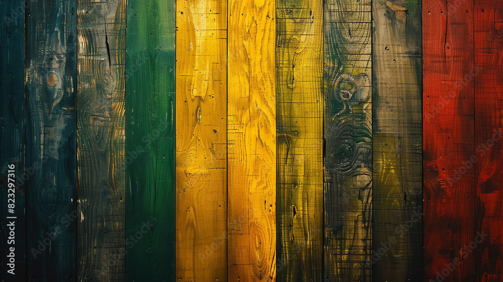 A wood wall painted in the colors of the Rasta flag