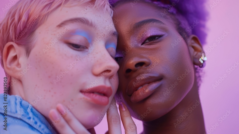 Obraz premium Two stylish adolescents, exuding confidence and authenticity, are depicted in a close-up shot reminiscent aesthetics, showcasing their unique fashion sense and identity