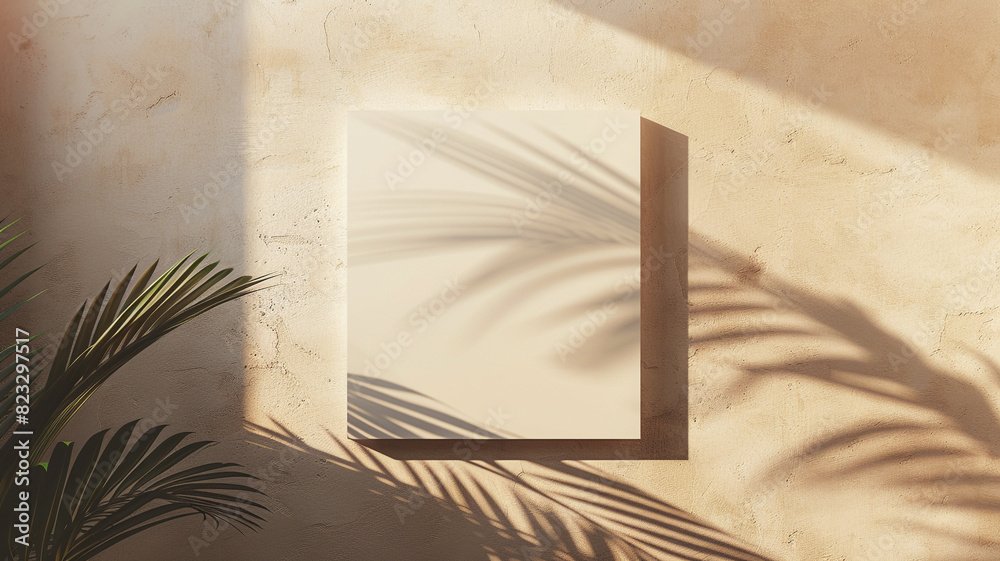 Abstract mockup background with a square blank canvas on a beige wall and a palm leaf shadow Abstract mockup background with a square blank canvas on a beige wall and a palm leaf shadow