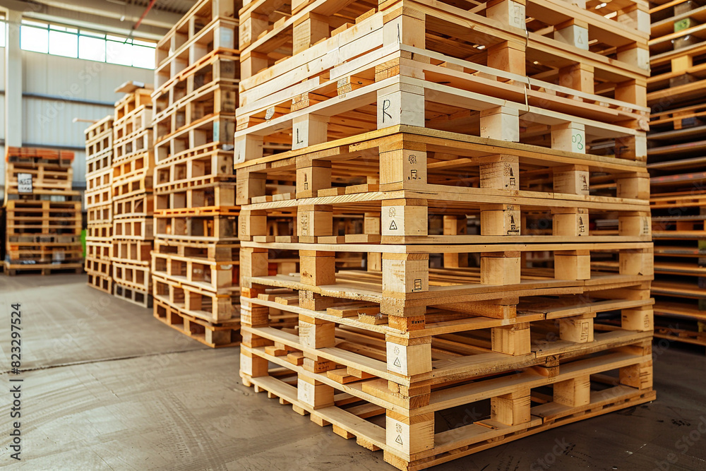 Wooden pallets stored for transport and logistics in warehouse 