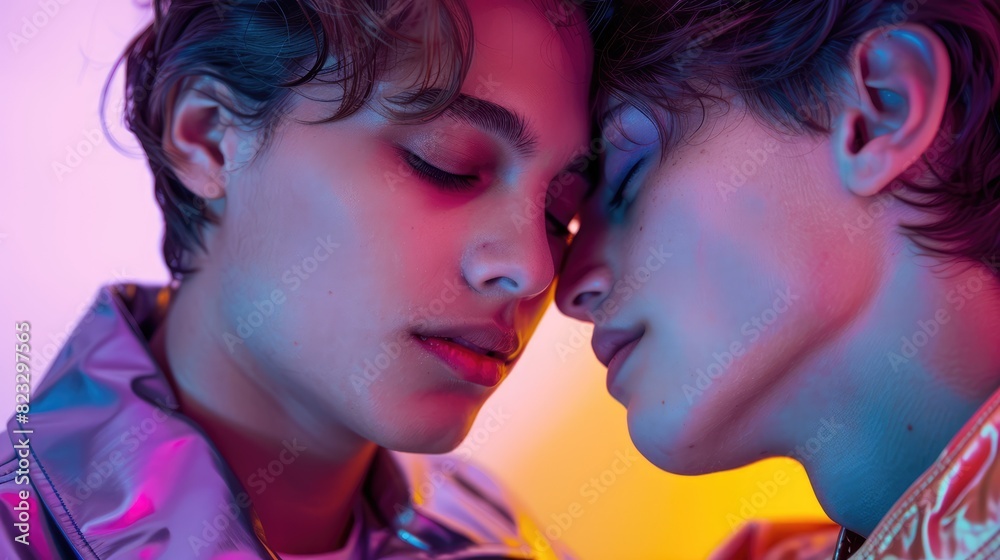 A close-up image capturing the emotional connection between two gay teenagers, styled in avant-garde fashion reminiscent of, against a plain purple pastel background, A close-up image capturing the emotional connection between two gay teenagers, styled in avant-garde fashion reminiscent of, against a plain purple pastel background,