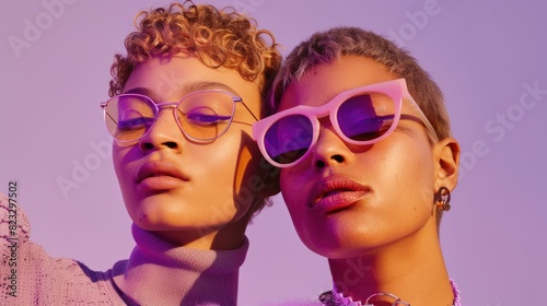 Two stylish adolescents, exuding confidence and authenticity, are depicted in a close-up shot reminiscent  aesthetics, showcasing their unique fashion sense and identity © Ratchpon