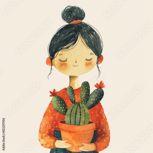 Cute illustration of a girl holding a potted cactus with flowers, wearing an orange shirt, and hairstyle in a bun. photo