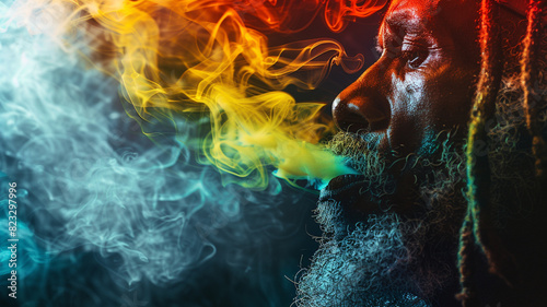 man with smoke  on rasta colors