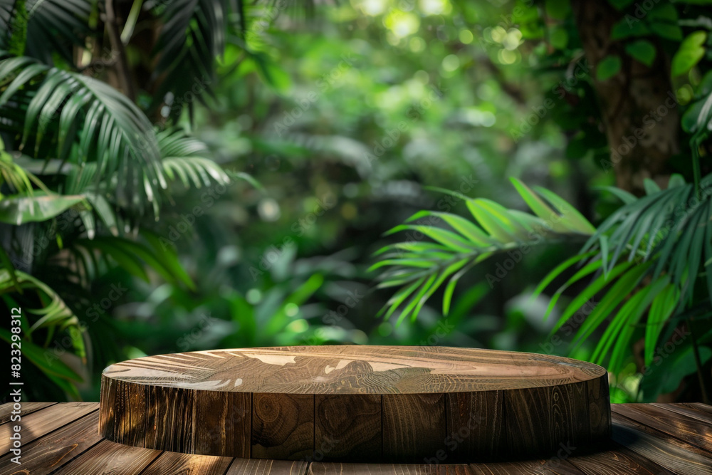 Wooden podium in tropical forest for product presentation and green background 