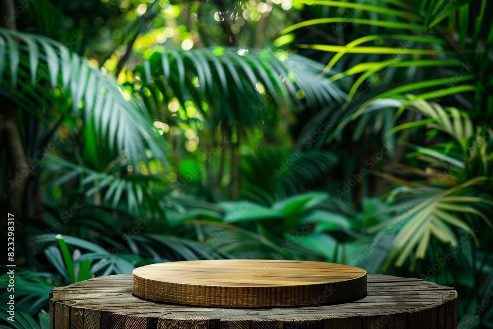 Wooden podium in tropical forest for product presentation and green background 