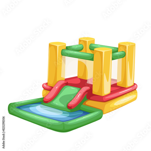 Inflatable slide for kids, cartoon amusement park equipment. Water slide for sliding into pool with bright elements, outdoor waterpark playground mascot, cartoon cute trampoline vector illustration