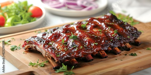 Classic American Dish: Savory BBQ Pork Ribs on Wooden Board. Concept Food Photography, BBQ Ribs, Wooden Board Presentation, Classic American Dish photo