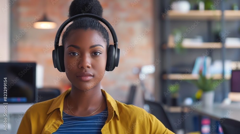 Black Woman Working with Headphones in an Office Black Woman Working with Headphones in an Office