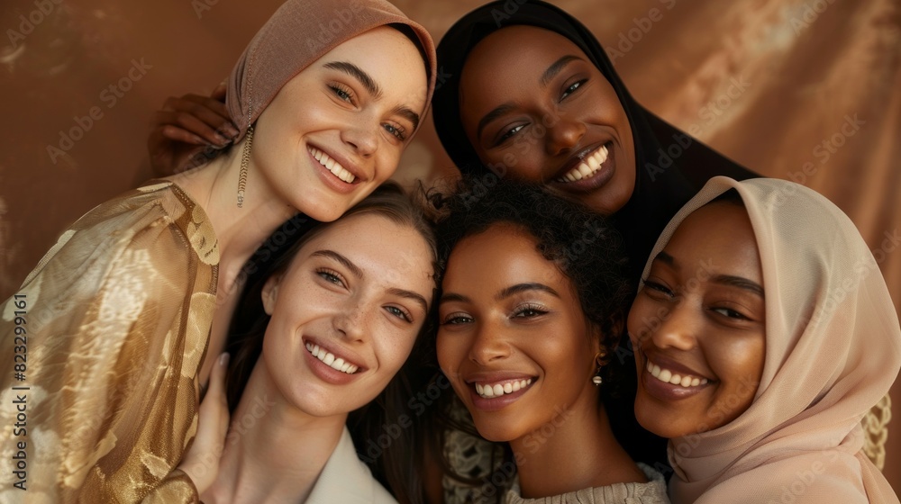 A group of women wearing gold and black clothing and smiling for the camera A group of women wearing gold and black clothing and smiling for the camera