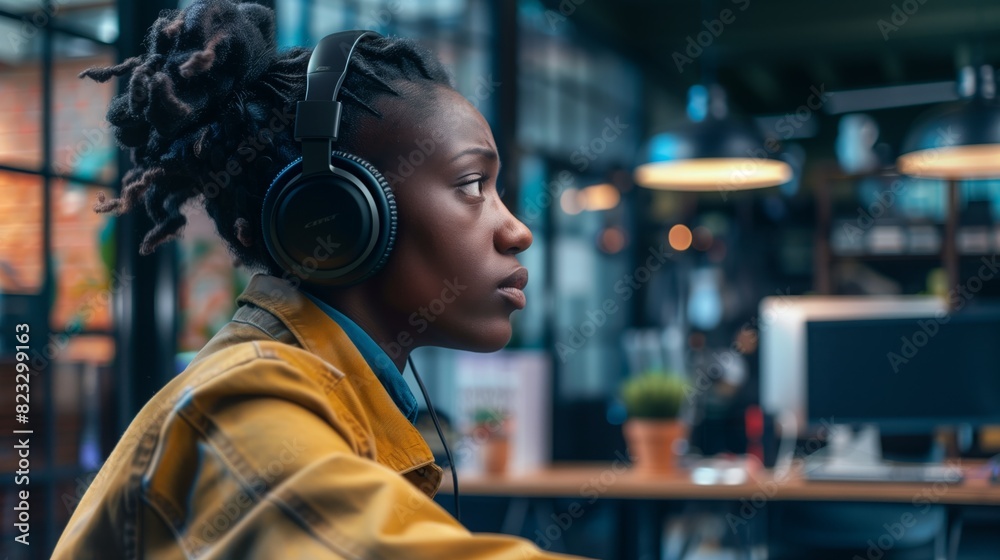 Black Woman Working in an Office with a Computer and Headphones On