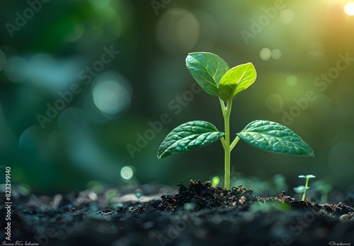 Young plant growing in the soil on green background, nature concept of new life and business start up