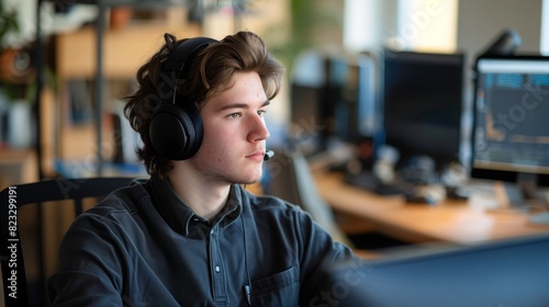 Young Man Working in an Office with a Computer and Headphones On