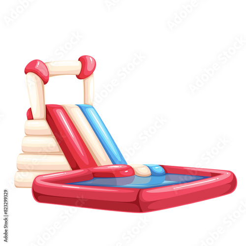Inflated water slide for baby kids with cartoon square pool. Inflatable slide made of white, red and blue sticks, summer activity and games mascot, cartoon aqua party equipment vector illustration