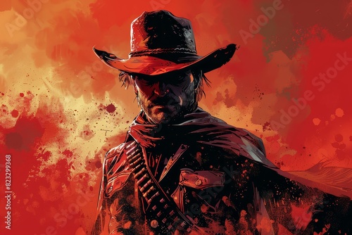 Dramatic cowboy painting with intense red background, man in hat and bandana, evoking old west cinematic style and wild west adventures.