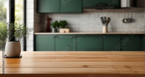 Interior home of kitchen with empty wooden table top counter on blur defocused bokeh modern kitchen
