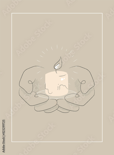Candle in hands atmospheric concept in flat cartoon design. This illustration embodies minimalism with a beautiful metaphorical image of hands holding a candle in muted tones. Vector illustration.