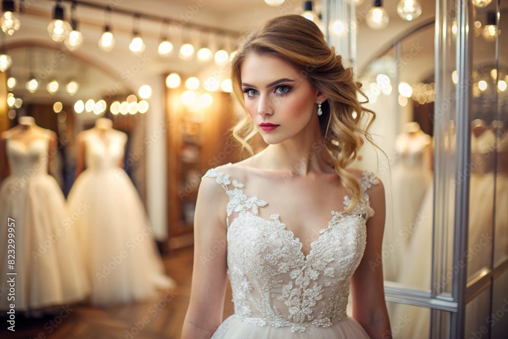 Fototapeta premium Rental and purchase of wedding dresses for events. Close-up. A beautiful girl, nevesna, tries on an elegant white wedding dress in a luxury bridal salon store.
