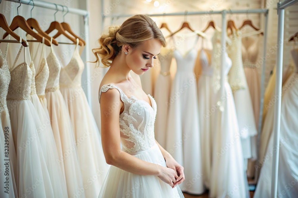 Rental and purchase of wedding dresses for events. Close-up. A beautiful girl, nevesna, tries on an elegant white wedding dress in a luxury bridal salon store. Rental and purchase of wedding dresses for events. Close-up. A beautiful girl, nevesna, tries on an elegant white wedding dress in a luxury bridal salon store.