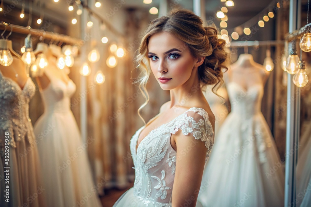 Naklejka premium Rental and purchase of wedding dresses for events. Close-up. A beautiful girl, nevesna, tries on an elegant white wedding dress in a luxury bridal salon store.