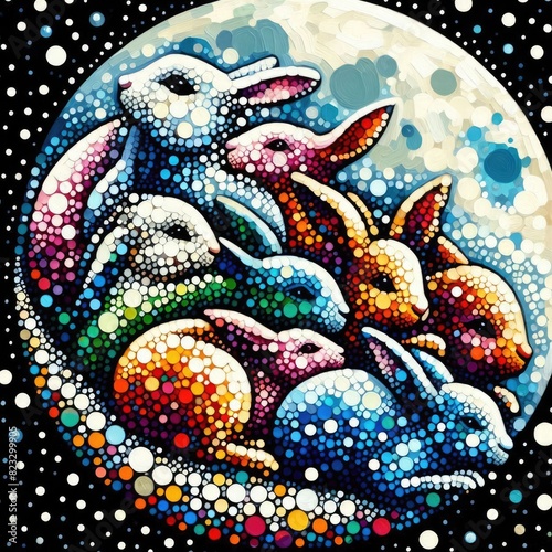 Moonlit Gathering of Colorful Rabbits with Generative AI.