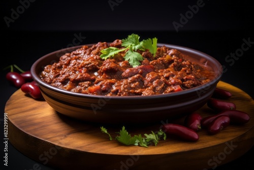 Juicy chili con carne on a wooden board against a minimalist or empty room background