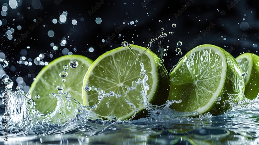 Lime slices splashing in water with droplets frozen in mid-air. Lime slices splashing in water with droplets frozen in mid-air.