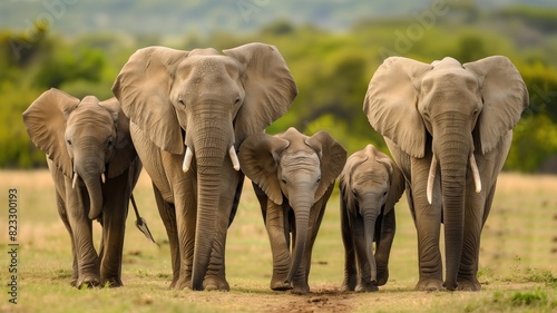 A family of elephants, including a baby elephant, walking together in a field. photo