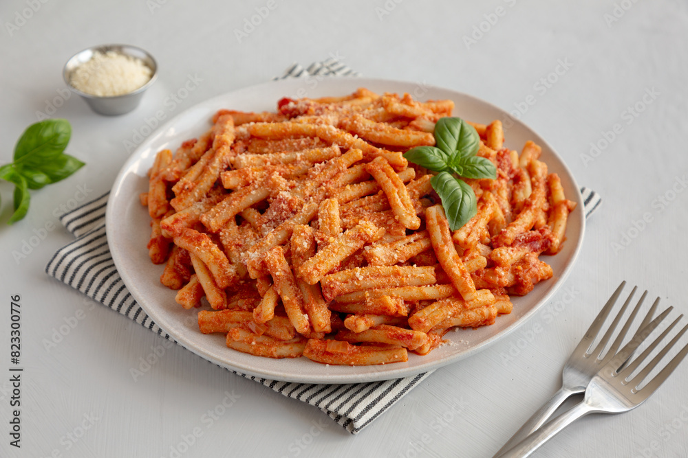 Homemade Italian Casarecce Pasta with Creamy Tomato Sauce, side view.