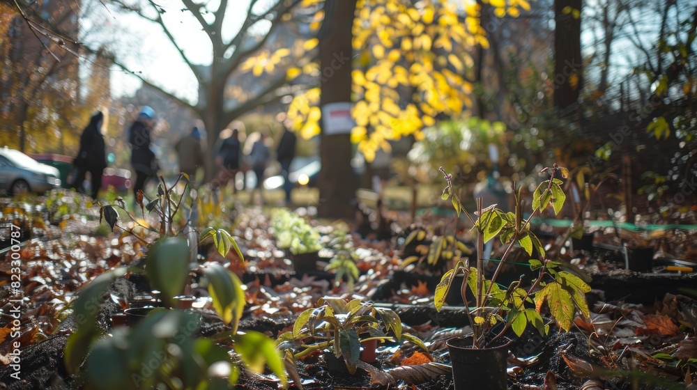 Obraz premium Autumnal Scene in Urban Park with Colorful Leaves and Shallow Depth of Field. Generative ai