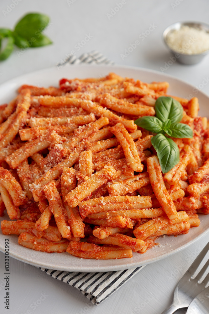 Homemade Italian Casarecce Pasta with Creamy Tomato Sauce, side view. Homemade Italian Casarecce Pasta with Creamy Tomato Sauce, side view.