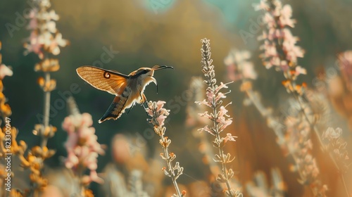 Side view of hummingbird hawk moth hovering in air while feeding nectar . Generative Ai photo