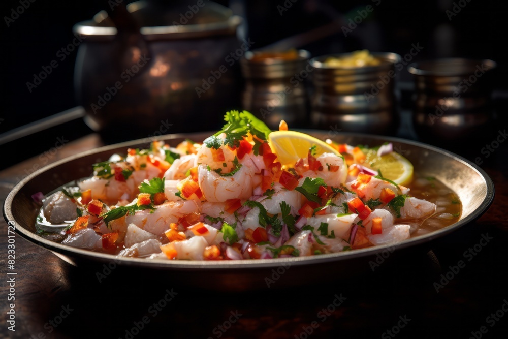 Exquisite ceviche on a metal tray against a minimalist or empty room background Exquisite ceviche on a metal tray against a minimalist or empty room background
