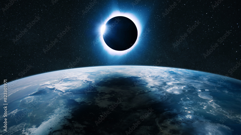 Naklejka premium Amazing eclipse from space. Planet Earth with the Moon and a solar eclipse. Solar Eclipse. The moon moving in front of the sun. Creative