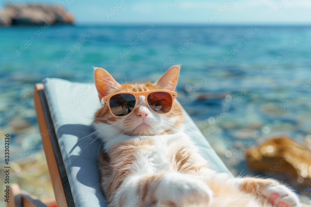 A cat wearing sunglasses relaxes in lounger. Sea beach background A cat wearing sunglasses relaxes in lounger. Sea beach background