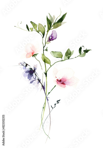 Watercolor floral bouquet on white background. Pink, violet, orange delicate flowers, mouse peas branch, wild twigs.