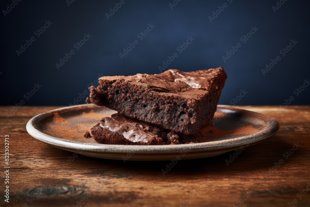 Juicy brownie on a rustic plate against a minimalist or empty room background Juicy brownie on a rustic plate against a minimalist or empty room background