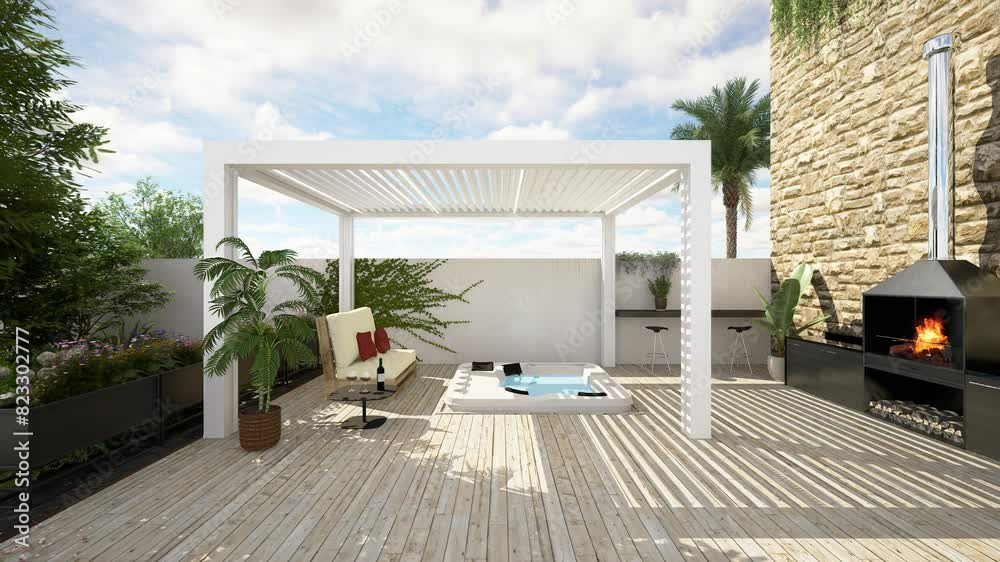 3D illustration of modern urban patio with white bioclimatic pergola ...