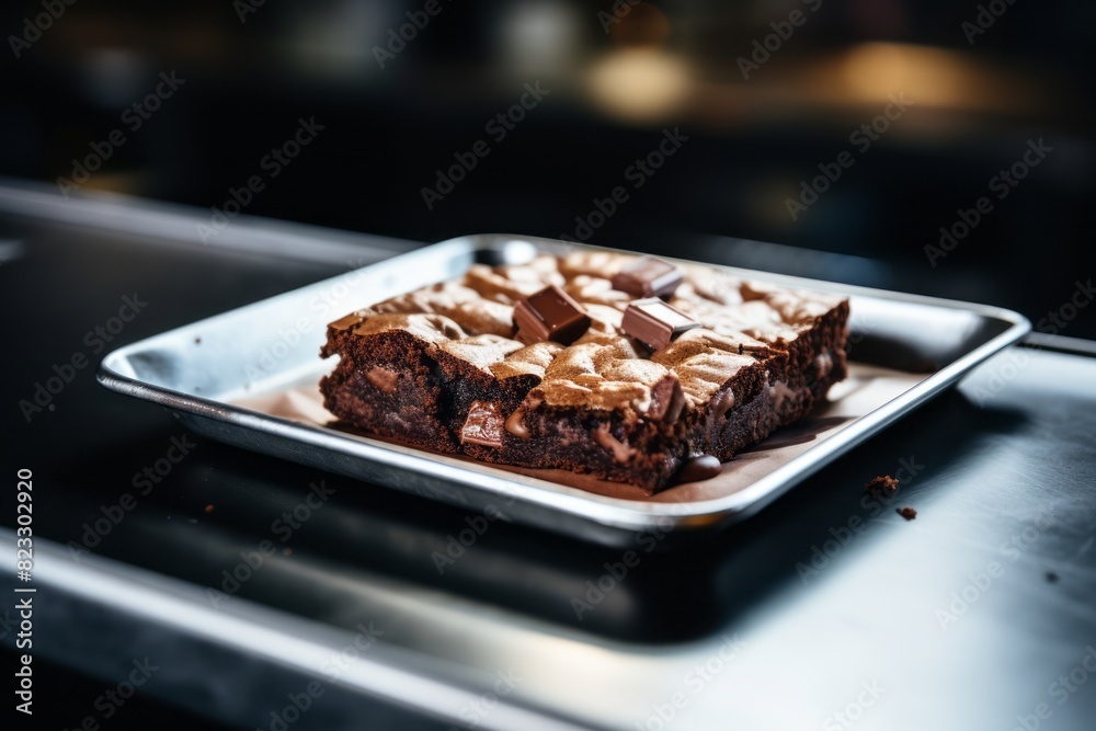 Tasty brownie on a metal tray against a minimalist or empty room background