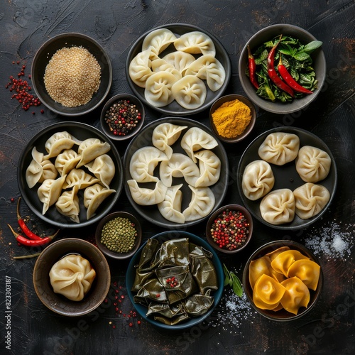 Dumplings Set, Khinkali, Dimsum, Momo, Jiaozi, Dyushbara, Manti, Pierogi, Wonton or Ravioli Collection photo