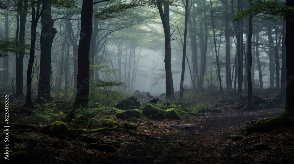 Forest enveloped in morning mist. Forest enveloped in morning mist.
