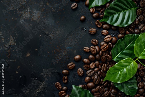 Background of coffee beans with two leaves on the right side, top view. A black background is decorated. photo