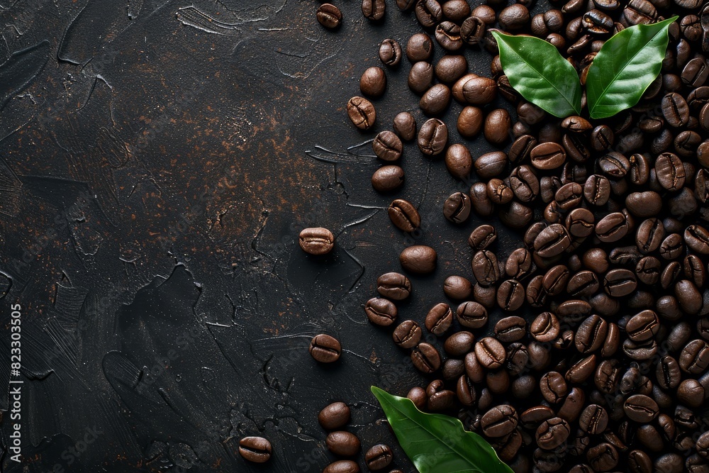 Background of coffee beans with two leaves on the right side, top view. A black background is decorated.