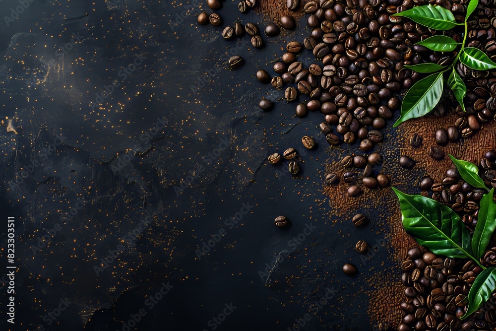 Background of coffee beans with two leaves on the right side, top view. A black background is decorated. Background of coffee beans with two leaves on the right side, top view. A black background is decorated.