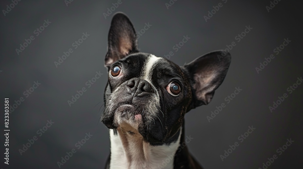 Studio headshot portrait of Boston terrier dog with head tilted looking forward. Generative Ai