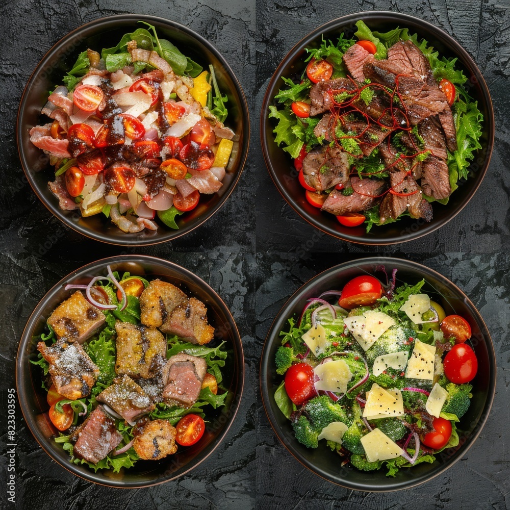 Spicy Salads Set, Salat Collection with Beef Meat and Vegetables Salats Top View, Restaurant Buffet Menu