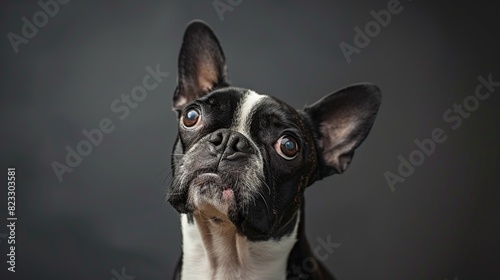 Studio headshot portrait of Boston terrier dog with head tilted looking forward. Generative Ai © We3 Animal