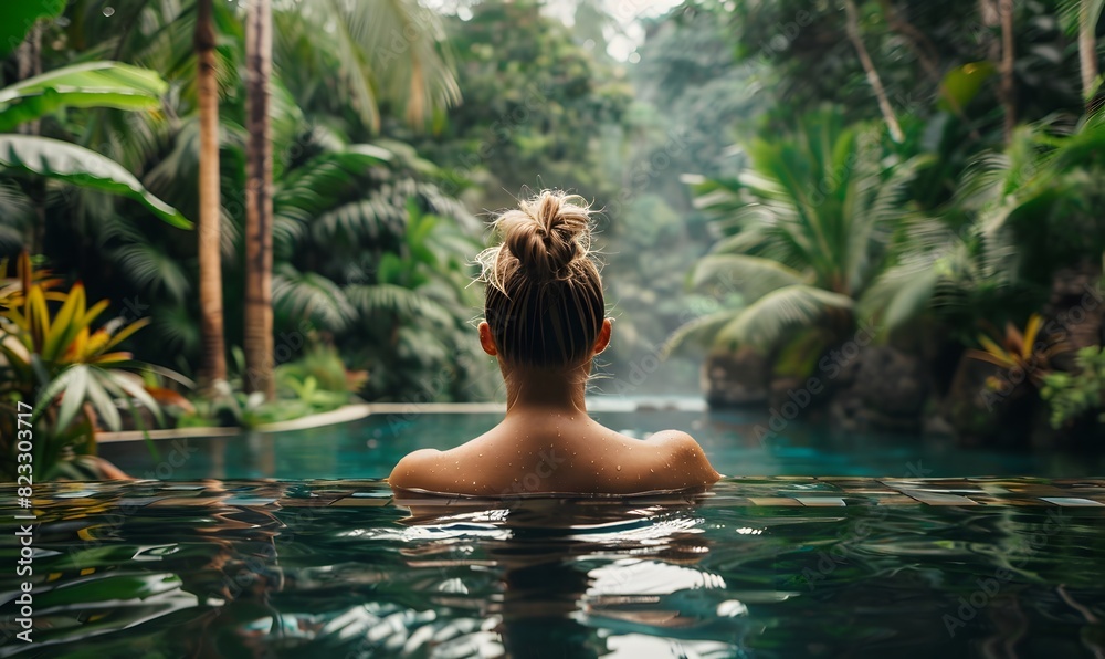 Fototapeta premium Woman in a tropical jungle swimming pool,
