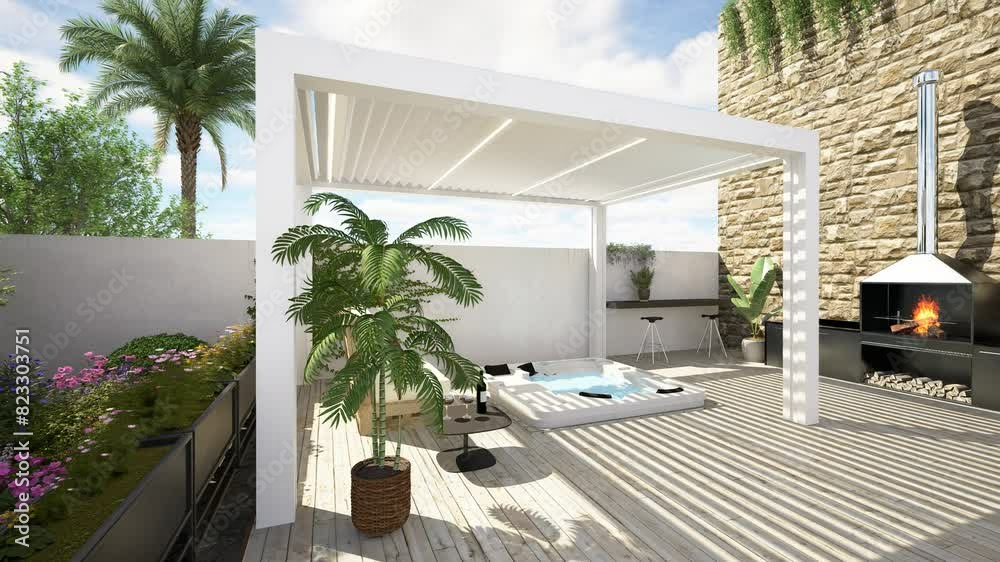3D illustration of modern urban patio with white bioclimatic pergola ...